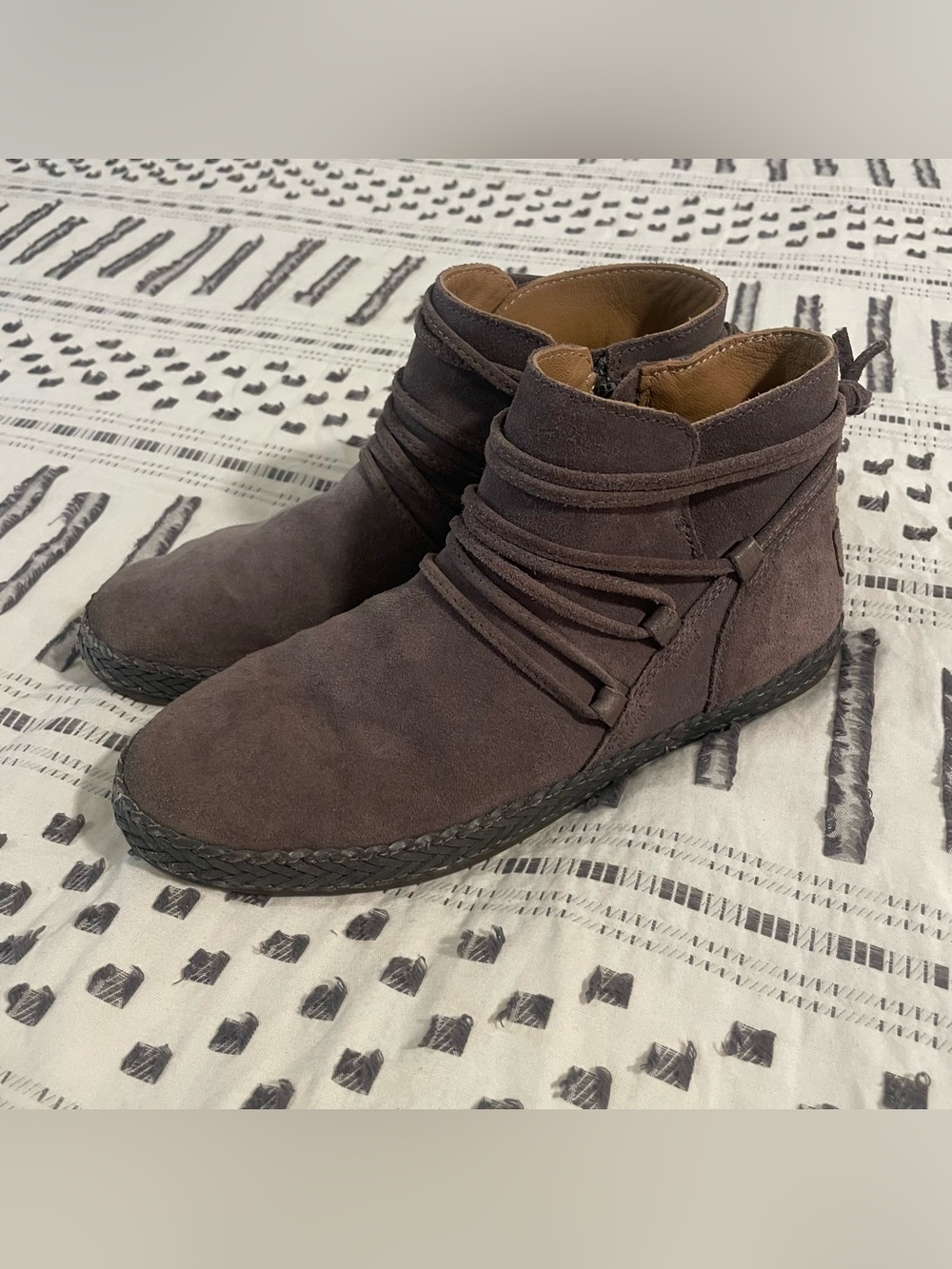 UGG Rianne Suede Ankle Boots Grey Taupe Wrap Lace Zipper Booties Size 7.5